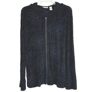 Chico's Travelers Black Floral Embroidered Zip Hoodie Jacket Artsy Chic Size 2